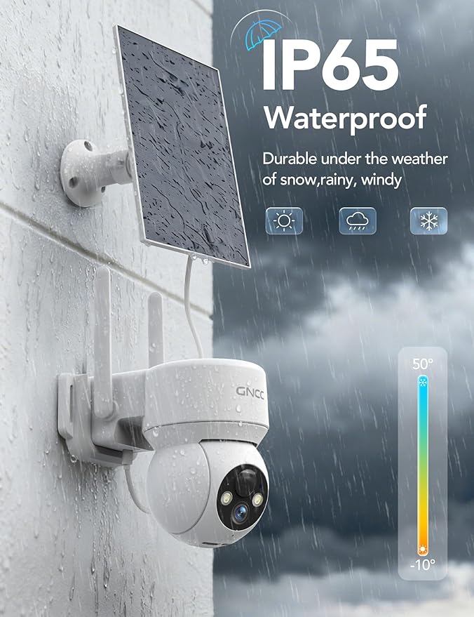 GNCC Solar Security Cameras Wireless Outdoor 2.4G WiFi, 360° View, Solar/Battery Powered, AI Human Detection, Color Night Vision, 2-Way Audio, Spotlight Siren Alarm, IP65 Waterproof, SD/Cloud Storage