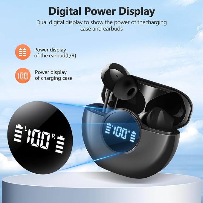 Wireless Earbuds 2025 NEW Bluetooth 5.4 Headphones Bass 3D Stereo, In-Ear Earphones with 4 ENC Noise Cancelling Mic, 48H Playtime with LED Display, IPX7 Waterproof for Laptop Pad Android iOS, Black