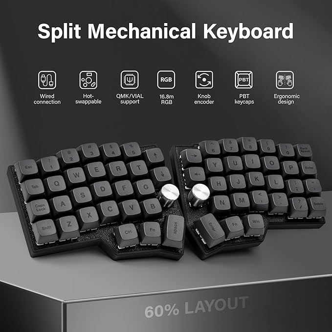 YIVU 60% Split Keyboard, Programmable Ergonomic Mechanical Keyboard with QMK/Vial, Hot-Swap 3/5 Pin, C-to-C Link, Dual Rotary Encoders & RGB, for Coding and Gaming