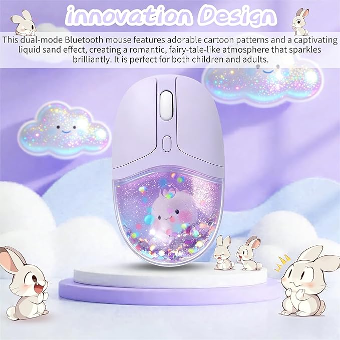 Wireless Bluetooth Mouse -Cute Clear Aqua Design, Glitter Liquid Sand Water Mouse with Optical Precision, Silent Clicks, LED Breathing Light,Transparent Retro Style for Home Office (Purple)