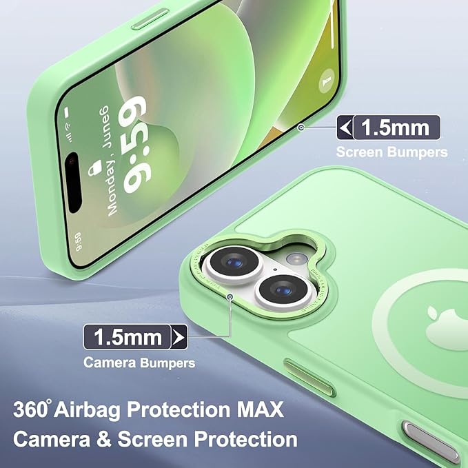 Newfuture Designed for iPhone 16 Case with Magnetic [13 FT Military Drop Protection] [Compatible with Magsafe] Slim Translucent Matte Shockproof with Anti-Fingerprint Phone Case, Matcha Green