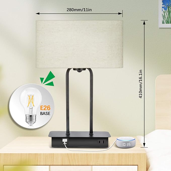 3-Way Dimmable Touch Control Table Lamp with 2 USB Ports and AC Power Outlet Modern Bedside Nightstand Lamp Fabric Shade and Metal Base for Guestroom Bedroom Living Room LED Bulb Included Warm White