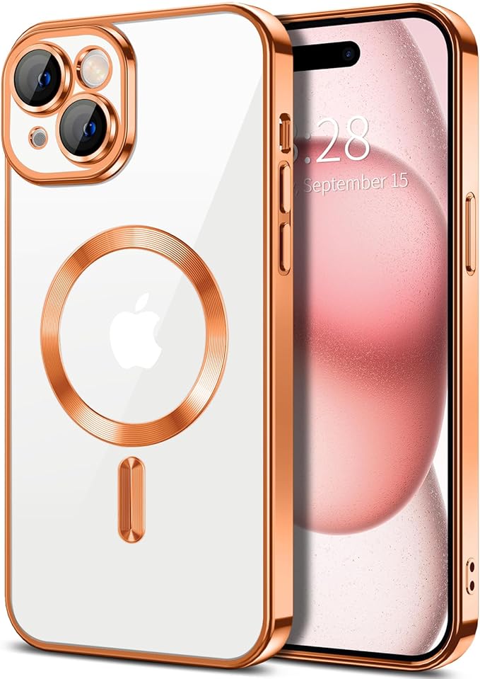 Hython Magnetic Clear for iPhone 15 Plus Case with Camera Lens Protector [Compatible with MagSafe] Luxury Plating Edge Slim Soft TPU Cover Protective Phone Case for iPhone 15 Plus 6.7", Orange