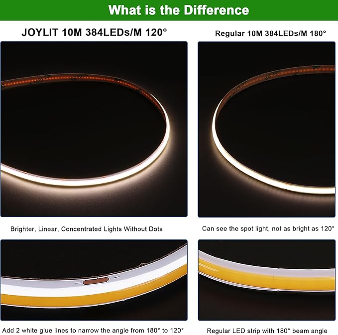 JOLIT 24V COB LED Strip Lights 32.8ft/10M Natural White 4000K 120 Degree Beam Angle, CRI 90+ 384LEDs/M High Density 7650LM Bright Uniform Indoor Adhesive LED Tape for Bedroom, Living Room, Office