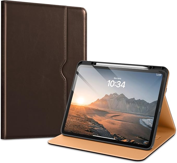 VIKESI Case for iPad Pro 13-inch M5 or M4 Released in 2025 or 2024, Leather Stand Cover with Apple Pencil Holder, Auto Wake/Sleep, Multiple Viewing Angles, Built in Hand Strap & Pocket,Dark Brown
