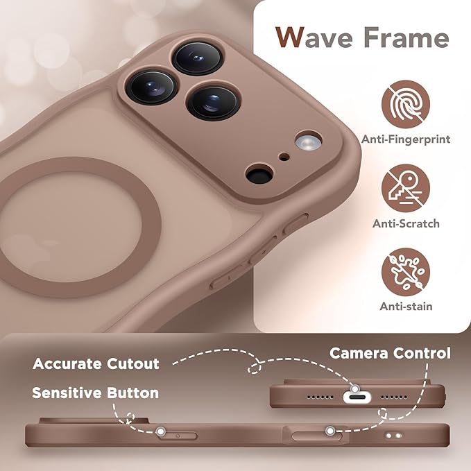 CAPRARO Magnetic for iPhone 17 Pro Max Case for Women Girls, Upgraded [Full Camera Protection] [Compatible with MagSafe] Cute Wave Translucent Matte Phone Case for iPhone 17 Pro Max, Brown