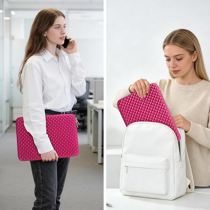 RAINYEAR 14 Inch Laptop Sleeve Diamond Foam Shock Resistant Neoprene Padded Case Fluffy Lining Zipper Cover Bag Compatible with 14" Notebook Computer Chromebook Tablet Ultrabook (Deep Pink)