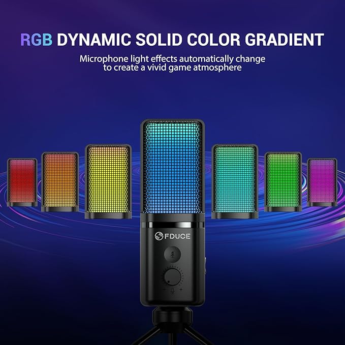 FDUCE Gaming USB Microphone for PC,RGB Condenser Computer Mic with Tripod Stand,Quick Mute,Gain Control,Cardioid Mic for Streaming, Podcast, Twitch, YouTube, PC, Computer, PS5, (M160)