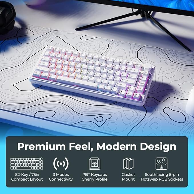TECWARE Ghost 75% Wireless Mechanical Keyboard | RGB Gaming Keyboard with Volume Knob | Tri-Mode 2.4GHz/Bluetooth/USB-C | Gasket Mounted | Hot Swappable Pre-Lubed Linear Switches | 4000mAh | White
