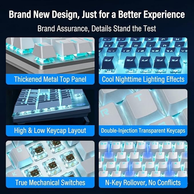 HP Wired Mechanical Keyboard GK400F, 104 Keys Full Size USB Keyboard, Brown Switches, Ice Blue LED Backlit, Anti-Ghosting, Silver & White Keycaps, HP Keyboard for PC Gaming and Office