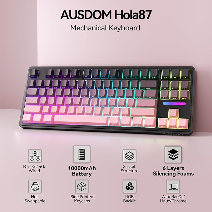 AUSDOM H87 Wireless Mechanical Gaming Keyboard: 10000mAh Battery 2.4G/BT5.3/USB-C Hot Swappable Custom Keyboard with RGB Backlit, Side Printed PBT Keycaps, 15-Layer Gasket Structure, Black Pink