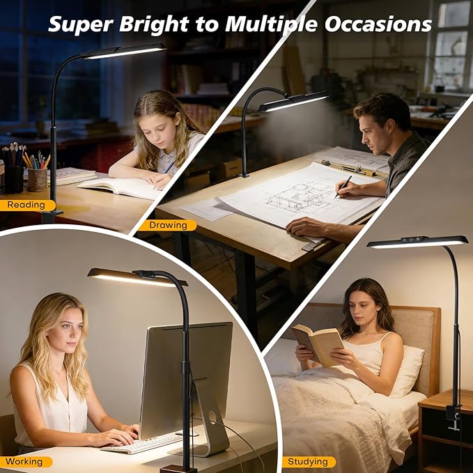 LED Desk Lamp for Office Home, Stepless Dimming Architect Desk Light with DC Adapter, Eye-Caring Desk Lamp with Clamp, 25 Lighting Modes Adjustable 12.8in Flexible Gooseneck for Workbench, Drafting