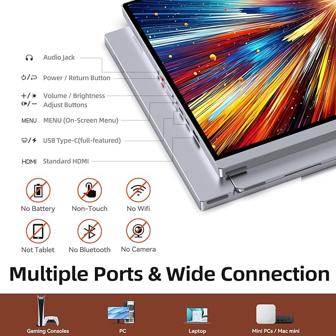 Intehill 4K Portable Monitor for Laptop, 13.4" IGZO Display with Full-Laminated Tempered Glass 500 Nits, 100% sRGB Portable Laptop Screen with Kickstand & Speakers, USB-C & HDMI Travel Monitor, U13ZC