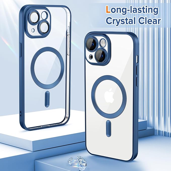 Hython Magnetic Clear for iPhone 13 Case with Camera Lens Protector [Compatible with MagSafe] Luxury Plating Edge Slim Soft TPU Cover Protective Phone Case for iPhone 13 6.1", Matte Deep Blue
