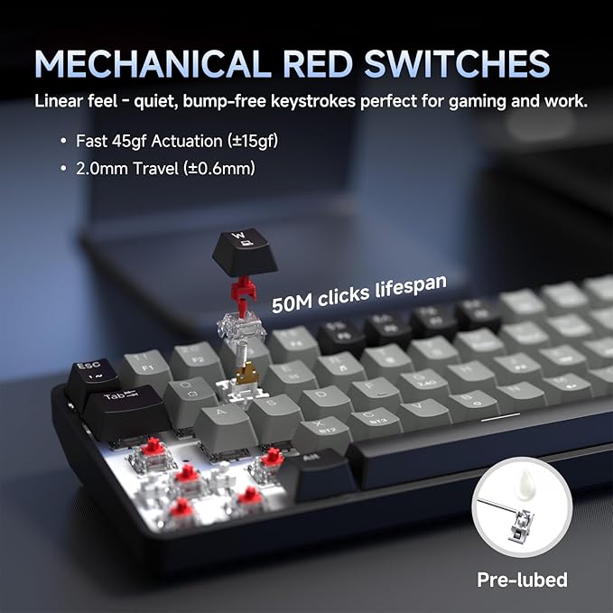 DIERYA DK68 60% Wireless Mechanical Gaming Keyboard, 3 Modes Bluetooth/2.4GHz/USB-C with Red Linear Switch, RGB Backlit, Anti-Ghosting, 68-Key Compact mini keyboard for Windows/macOS/Linux- Black/Grey