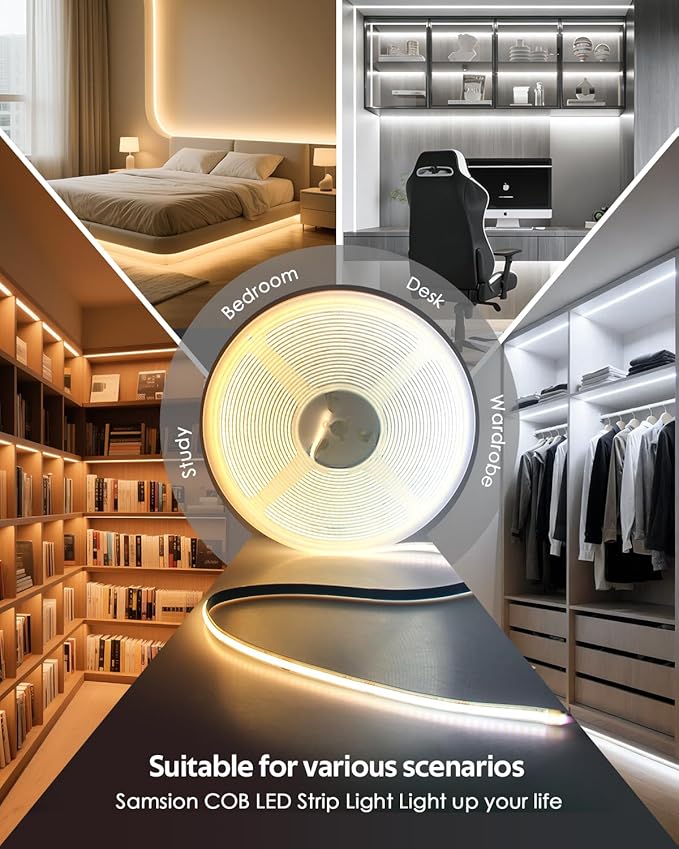 White CCT Tunable COB Led Strip Light with Remote 3000-6500K Dimmable Bluetooth APP Control 24V COB LED Rope Lights 16.4ft/5M 480LED/M Timer Self-Adhesive Light Strip for Bedroom Kitchen DIY Lighting