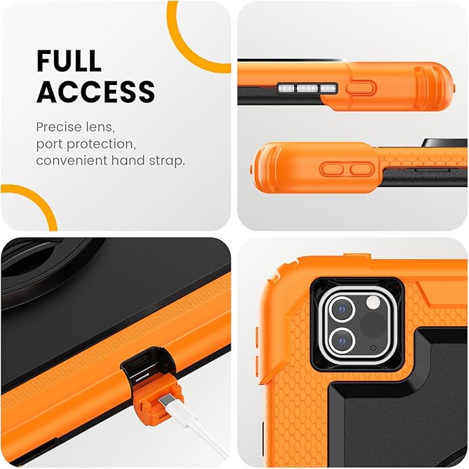 Timecity for iPad Pro 12.9 Case 6th/5th/4th/3rd Gen, 360° Rotating Stand, Pencil Holder & Wireless Charging, Shockproof with Screen Protector & Shoulder Strap - for Designers & Professionals - Orange