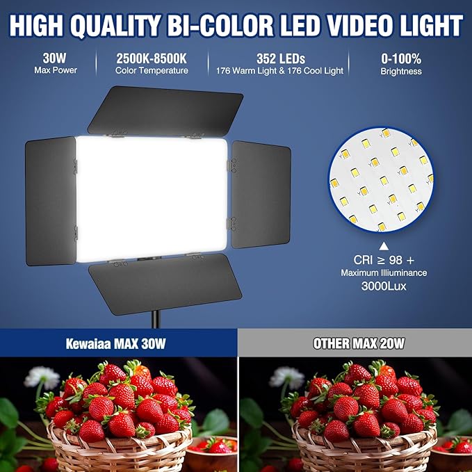 2 Pack LED Video Light Kit with Barn Door, Kewaiaa 30W Photography Light Panel with Stand, 3000Lux 2500K-8500K Dimmable Studio Lights for Video Recording/Filming/Photoshoot Shooting/Live Streaming