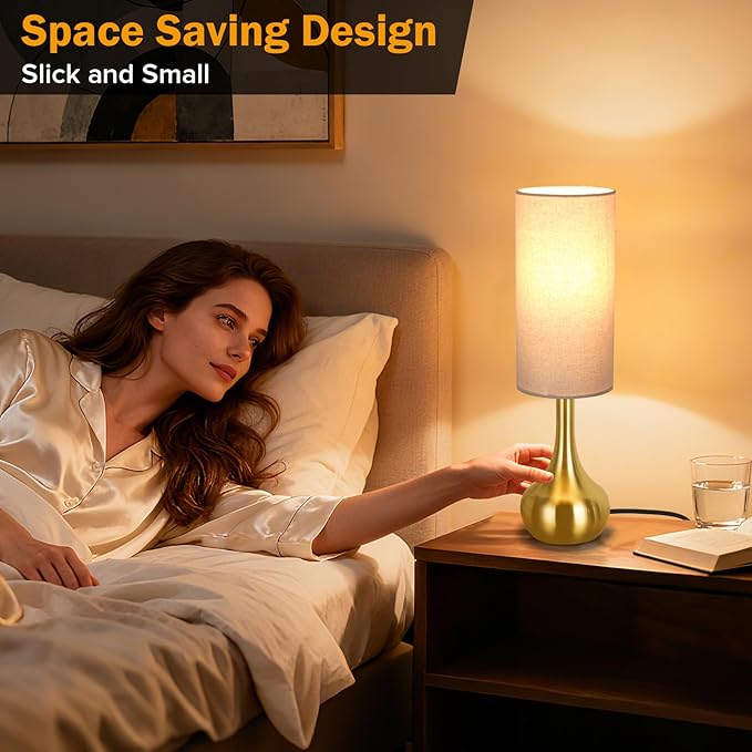 Touch Gold Table Lamp for Nightstand, 3-Way Dimmable, Space Saving & No Assembly Required, Upgraded Small Bedside Lamp for Bedroom, Living Room, Office (Bulb Included)