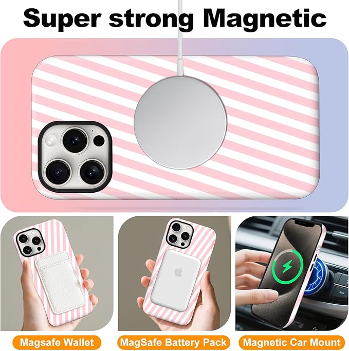 Magnetic for iPhone 15 Pro Max Case Cute Diagonal Stripes Phone Case, Shockproof Slim TPU and Hard PC Protective Phone Cover Compatible with MagSafe Designed for Women Girls,Pink