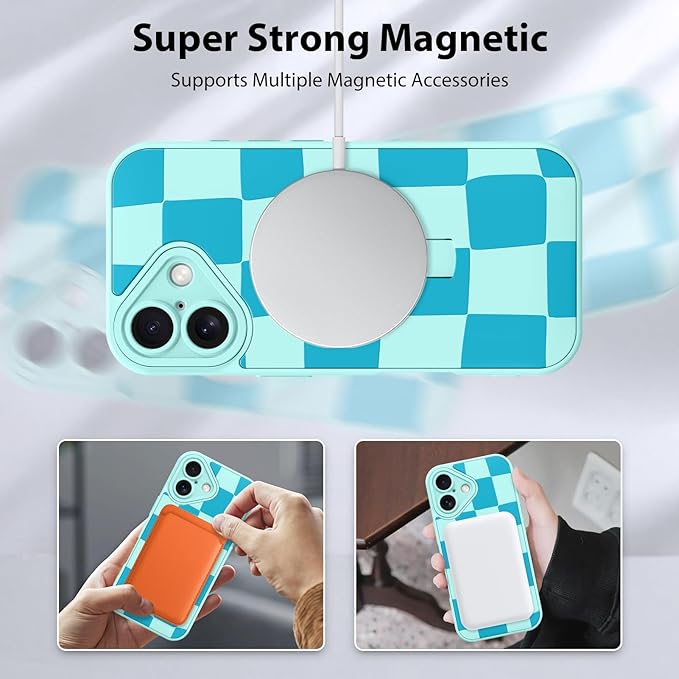 KANGHAR Compatible with iPhone 16 Case, Support for MagSafe, Silicone Checkered Cute Pattern, Wristband Kickstand Camera Protection Soft Slim Cover for Girls Women -Blue