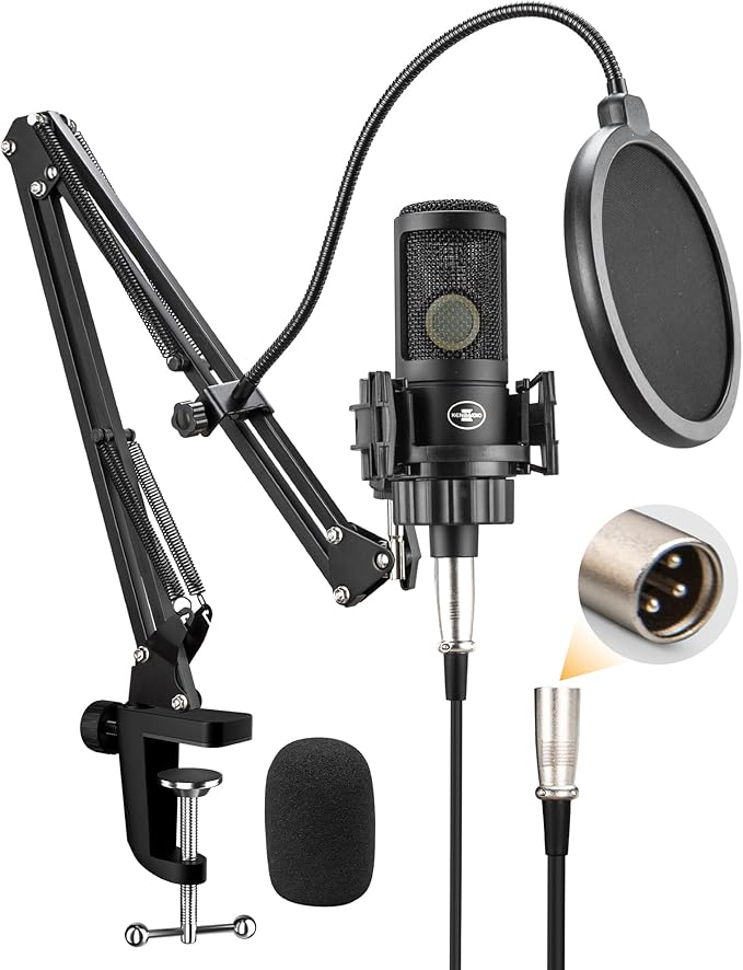 XLR Podcast Microphone, Professional Cardioid Studio Condenser Microphone XLR with 26mm Large Diaphragm for Recording, Streaming, Gaming, ASMR, Computer PC Mic Kit with Boom Arm, Pop Filter