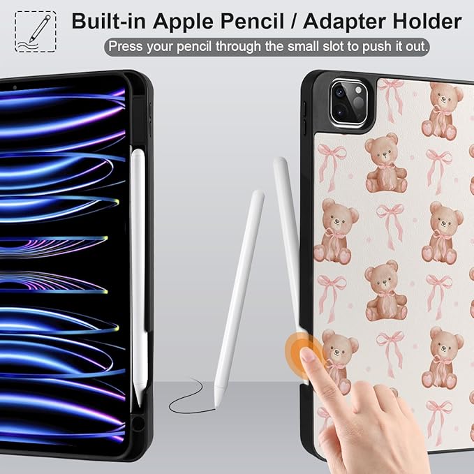 DONGKE Case for 2022/2021/2020/2018 iPad Pro 11 inch Gen 4/3/2/1 - Slim Protective Case - Built in Pencil Holder Support Charging - Trifold Stand & Sleep/Wake Cover- Bear