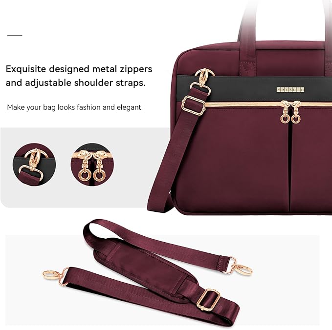 Ferkurn Laptop Bag Case Women Men Computer Bag Compatible with MacBook/HP/LG/Dell, Shoulder Strap Slim Carrying Messenger Briefcase, Wine Red, 15.6-16 Inch