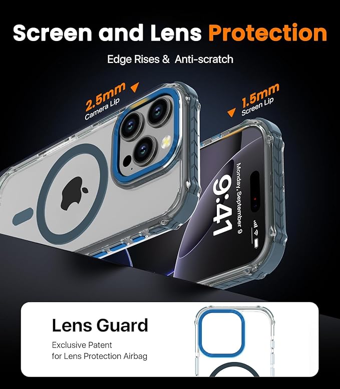 DEERLAMN Strong Magnetic Case for iPhone 16 Pro 6.3-Inch,[Compatible with Magsafe] Clear Slim Shockproof Protective Phone Cover for Women Men-Transparent+Blue