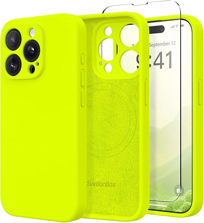 Magnetic for iPhone 14 Pro Max Case, Compatible with MagSafe, [Full Camera Protection][Screen Protector] Silicone Shockproof Protective Phone Case for iPhone 14 Pro Max, Fluorescent Green