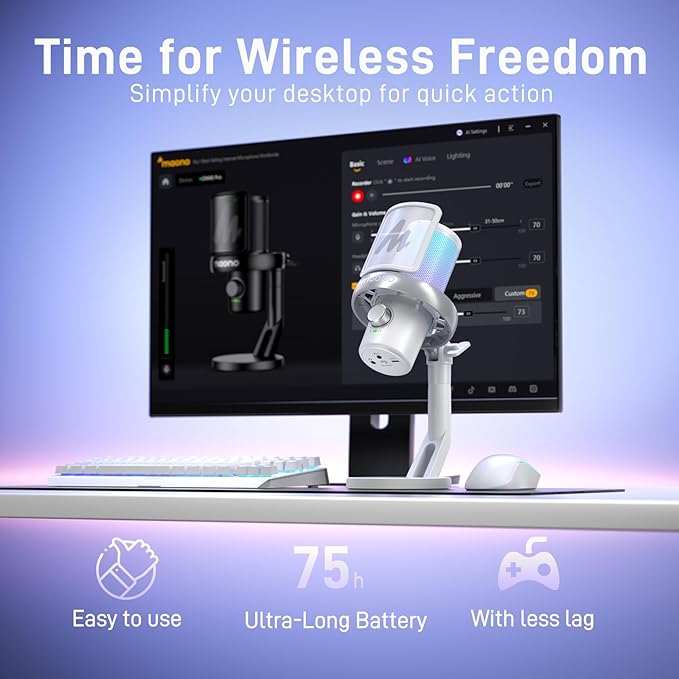 MAONO Wireless Gaming Microphone for PC, Condenser USB Mic with AI Voice Change, Noise Cancellation, RGB, Gain Control, Custom EQ for Streaming Recording Podcast PS5 PS4 Twitch YouTube, DM40 Pro White