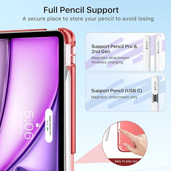 MoKo for iPad Air 11 inch Case (M4/M3/M2) 2026/2025/2024, iPad Air 5th/4th Gen 10.9 inch Case 2022/2020 with Pencil Holder, Slim Light Trifold Cover with Hard PC Translucent Back Shell, Wine Red
