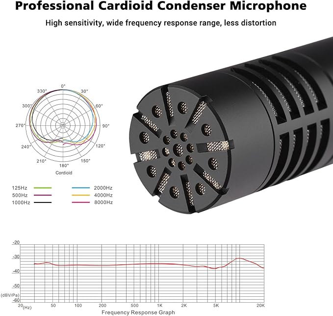 TAKSTAR Instrument Microphone with Clip, Cardioid Condenser Professional Instrument Mic, XLR Gold-Plated Diaphragm Sound Head Microphone for Studio, Instrument, Interview, Radio Stations CM-63