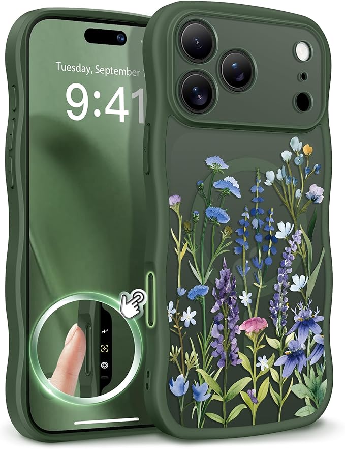 GVIEWIN for iPhone 17 Pro Max Case Compatible with MagSafe [Curly Wave Edge][Full Camera Protection] Floral Translucent Shockproof Magnetic Women Phone Case for 17 Pro Max, Sweet Posy/Forest Green