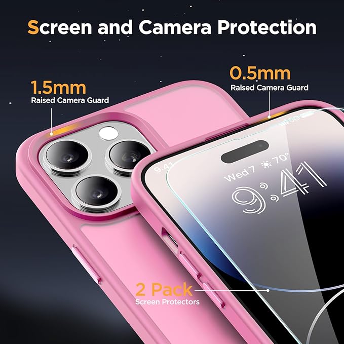 Miracase Magnetic for iPhone 14 Pro Max Case 6.7 inch (Compatible with MagSafe)（with 2X Screen Protectors） Military-Grade Protection, Anti-Fingerprint Translucent Matte Phone Case Cover, Mes Pink