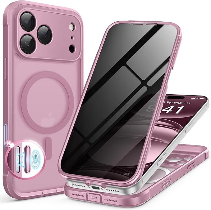 BERFY for iPhone 17 Pro Max Case, Compatible with MagSafe, Built-in Privacy Screen Protector, Camera Protection, Shockproof Full Body Phone Case 6.9", Translucent Palevioletred