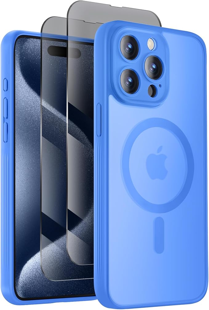 Symcele Designed for iPhone 15 Pro Case, Compatible with MagSafe, with Privacy Screen Protectors X2, [Camera Protection] [15FT Military Drop Protection] Shockpoof Phone Case, 6.1'', Blue