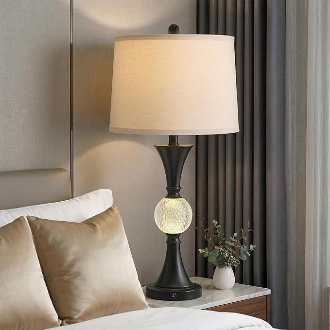 Oneach 28.5" Black Table Lamps Set of 2, Tall Luxury Bedside Lamps with Night Light, USB A+C Charging Ports, Elegant Metal Nightstand Lamps for Bedroom Office End Table Decoration