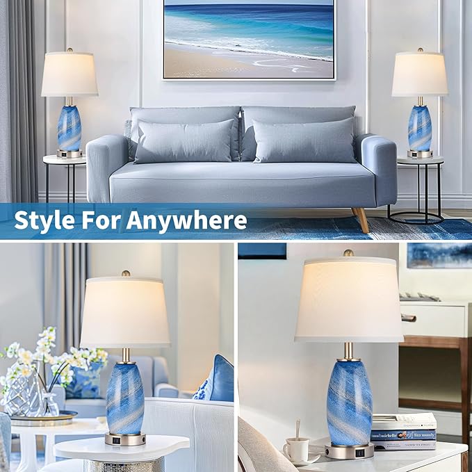 Lovlast Blue Lamps Set of 2 for Bedroom & Bedside with 3-Way Lighting Modes & USB C+A - Modern Style Glass Nightstand Table Lamps for Living Room & Bedroom Decoration (23.5" H)