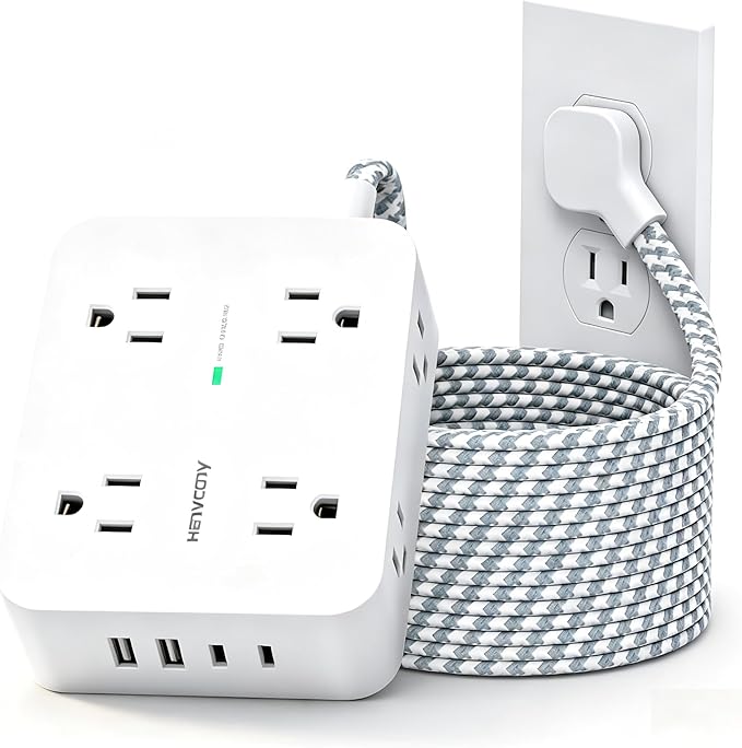 HANYCONY 5 Ft Braided Extension Cord with Ultra-Thin Flat Plug, 8 Widely Spaced Outlets and 4 USB Ports (2 USB C), 1080J Surge Protector Power Strip, Small Desktop Charging Station for Dorm Room