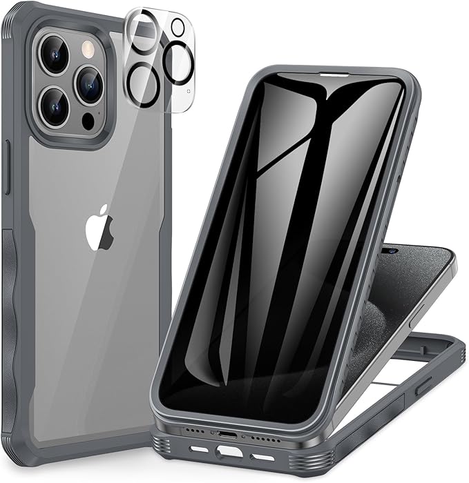 CENHUFO Privacy for iPhone 15 Pro Case, Full Body Phone Case with Built-in 9H Tempered Glass Privacy Screen Protector and Camera Lens Protector, Anti Peep Spy Shockproof Bumper Clear Cover - Grey