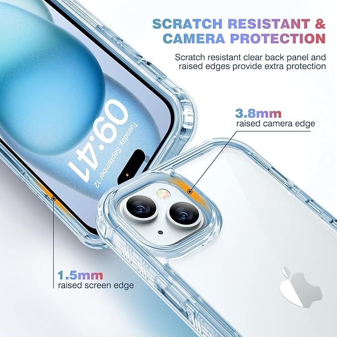 Diaclara Designed for iPhone 15 Case, Full Body Rugged Case with Built-in Touch Sensitive Anti-Scratch Screen Protector, with Camera Lens Protector for iPhone 15 6.1" (Clear Blue)