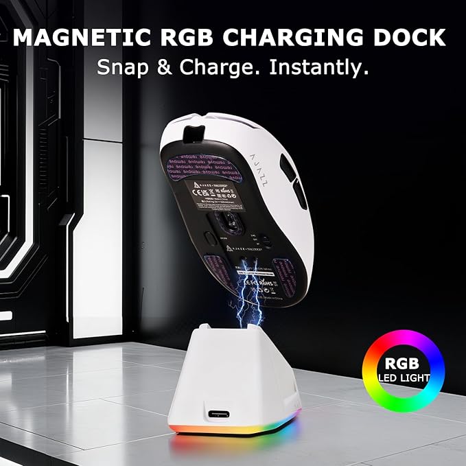 AJ179PRO PAW3395 26000 DPI Gaming Mouse, 8000Hz Polling Rate, 58g Ultra-Light, Tri-Mode (2.4G/Wired/Bluetooth 5.2), Magnetic RGB Charging Dock, Ergonomic Right-Hand Design, White