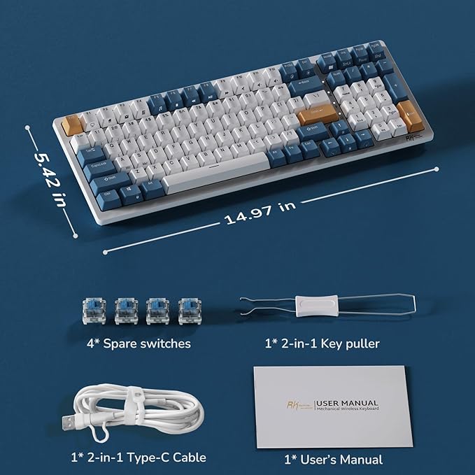 RK ROYAL KLUDGE RK98 Wireless Mechanical Keyboard, Triple Mode 2.4G/BT5.1/USB-C Hot Swappable Keyboard with Number Pad, Pre-lubed Clicky Switches RGB Backlit Gaming Keyboard, Software Support