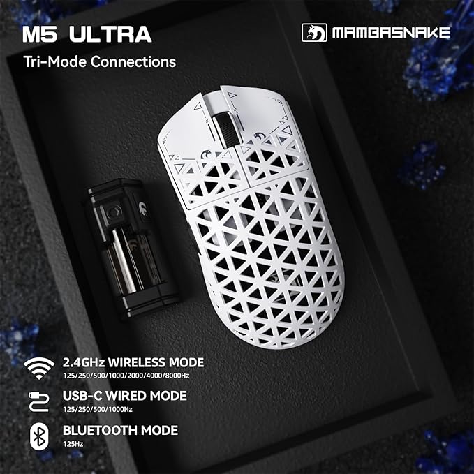 MAMBASNAKE M5 Ultra Carbon Fiber 8KHz Wireless Gaming Mouse,PAW3950 Sensor 42K DPI,39g Lightweight Tri-Mode 2.4GHz/BT/Wired Computer Mice,Web Driver Support,for Win/Mac/FPS/MOBA/Esports-White (A)