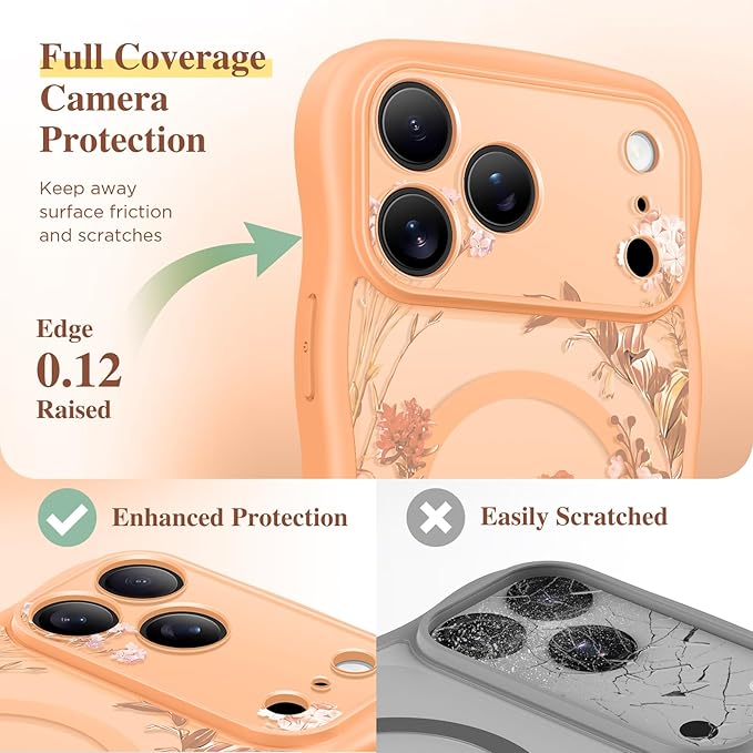 GVIEWIN for iPhone 17 Pro Max Case Compatible with MagSafe [Curly Wave Edge][Full Camera Protection] Floral Translucent Shockproof Magnetic Women Phone Case for 17 Pro Max, Campanula/Orange