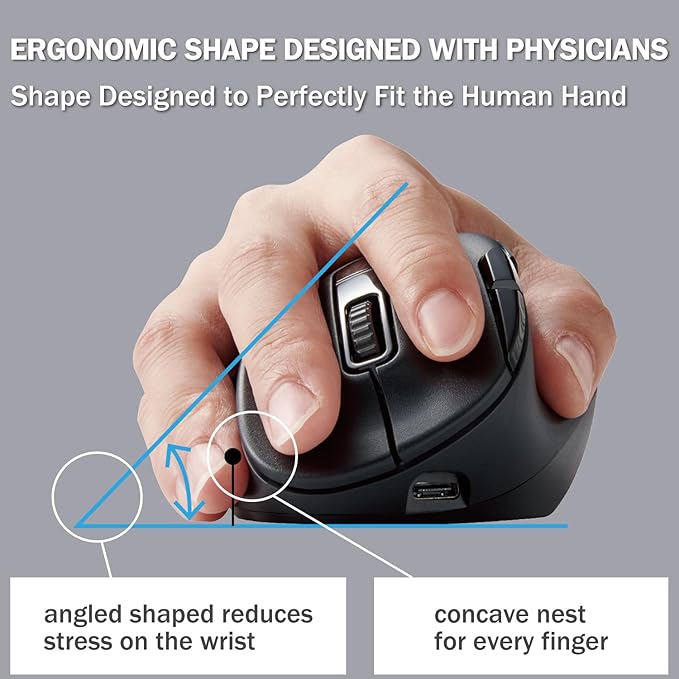 ELECOM EX-G PRO Ergonomic Mouse, Multi-Device Bluetooth or Wireless USB, Silent Click 8 Button, 1000/2000 DPI, Rechargeable, High-Speed Scroll Tilt, for Windows, macOS, Laptop, PC, Tablet (Medium)