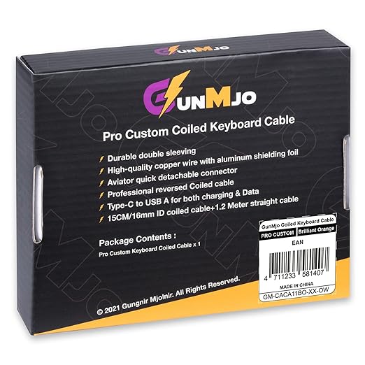 GUNMJO Pro Custom Premium Coiled USB C Cable for Gaming Keyboard, Double-Sleeved Mechanical Keyboard Cable with Detachable Metal Aviator, 1.5M USB-C to USB-A, Brilliant Orange Color