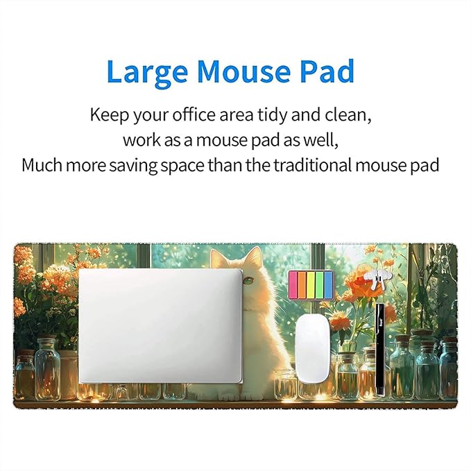 Cute Kawaii White Cat Desk Mat Green Plant Leaves Anime Extended Gaming Mouse Pad Mat with Stitched Edge Non-Slip Base Big Mouse Pad 31.5"x11.8" Office Computer Keyboard Laptop Home