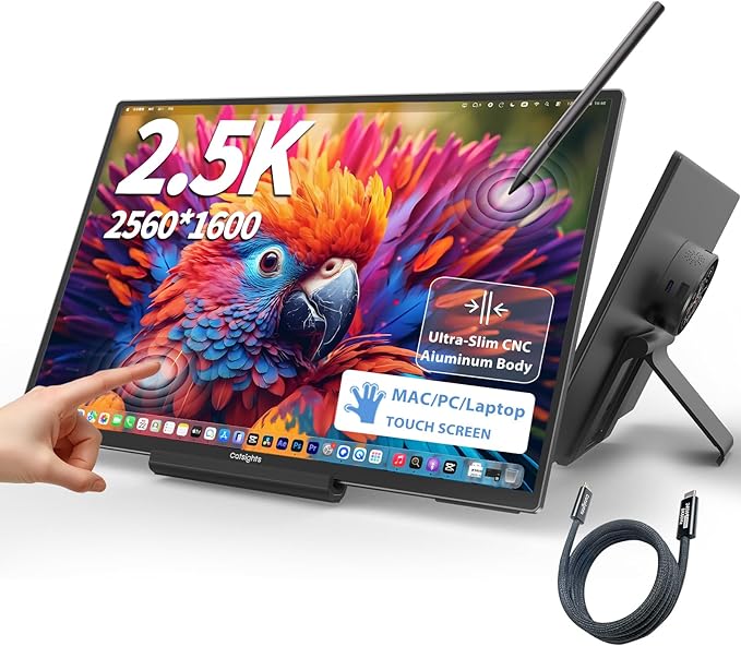 Portable Monitor Touchscreen for Mac 13.3" 2.5K Touch Screen Monitor with Protective Sleeve, USB-C Plug & Play 1500:1 0.22" Laptop Screen Extender for Mac Laptop PC with Stand and Stylus